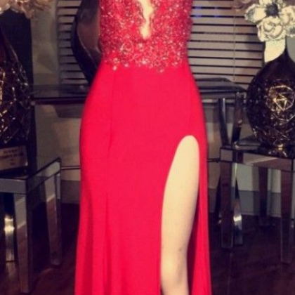 2017 Red Chiffon Prom Dresses Keyhole High Neck..