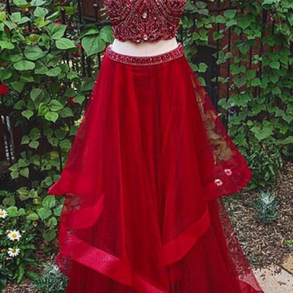 Luxury Red Tulle Beading Two Pieces Halter A-line..