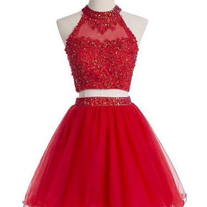Two-piece Scoop Short Red Beaded Homecoming Dress..