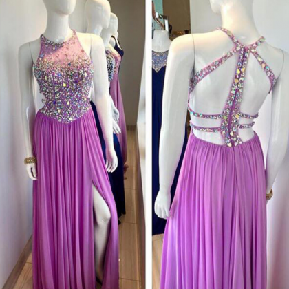 Sexy Lilac Chiffon Long Beaded Prom Dress Formal..