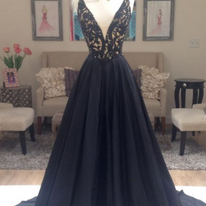Pretty Black Chiffon Lace Long Prom Dress For..