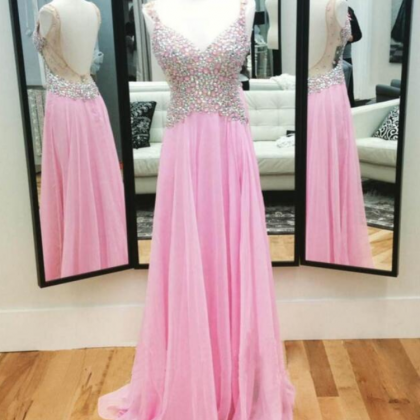 Sexy Chiffon Pink Prom Dress,spaghetti Straps..