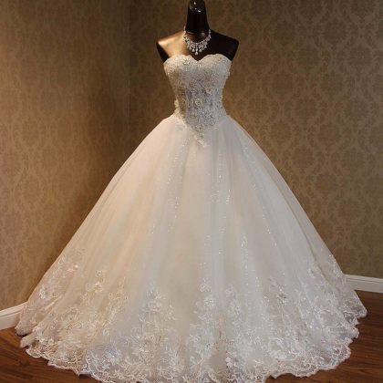 Appliques Lace Wedding Dress,sweep Train Bridal..