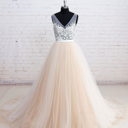 V-neck See-through Bodice Champagne Tulle Wedding..