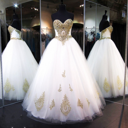 Ball Gown Wedding Dresses Gold Lace Appliques..
