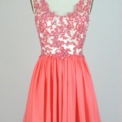 A Line Appliques Beaded Chiffon Coral Short Prom..