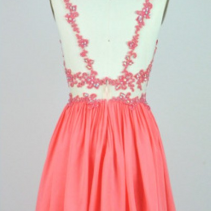 A Line Appliques Beaded Chiffon Coral Short Prom..