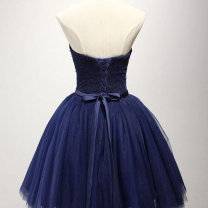 Strapless Navy Blue Tulle A Line Homecoming..