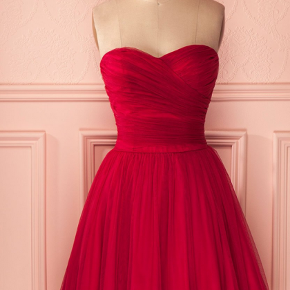 Red Strapless Tulle Knee Length Party Dress,a Line..