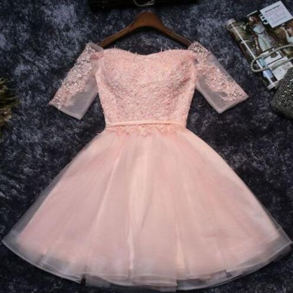 Pink Homecoming Dresses,tulle Half Sleeves Prom..