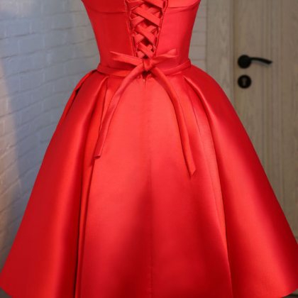 Red Satin Short Evening Dress With Ruched Skirt ,..