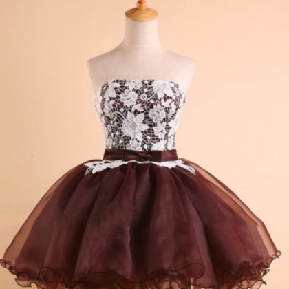 Brown A-line Strapless Lace Mini Homecoming Dress