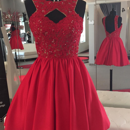 Backless Beaded Lace Red Satin Homecoming Dress..