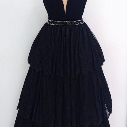 V-neck Long Black Lace Prom Dresses Beaded Women..