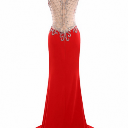 Fashion V Neck Mermaid Satin Lace Beaded Red Long..
