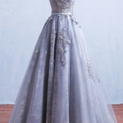 Gray Appliques Lace Prom Dresses,sashes Scoop Prom..