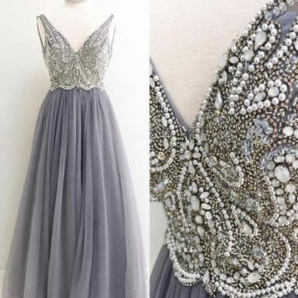 Rhinestone Beaded Light Grey Prom Dresses, Long..