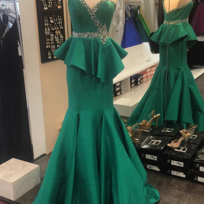 Emerald Satin Prom Dress, Mermaid One Shoulder..