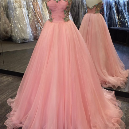 Beading Pink Prom Dress, Corset Strapless Prom..