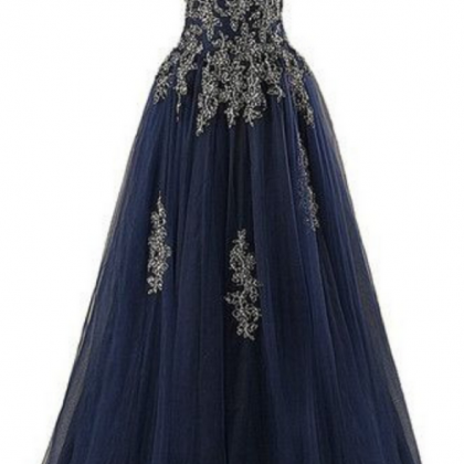 Strapless Navy Prom Dress With Appliques Evening..