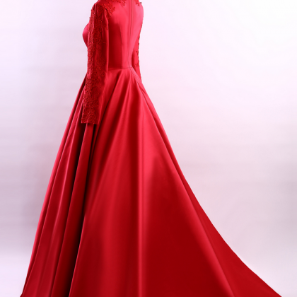 Simple Long Sleeve Red Evening Dresses Long..