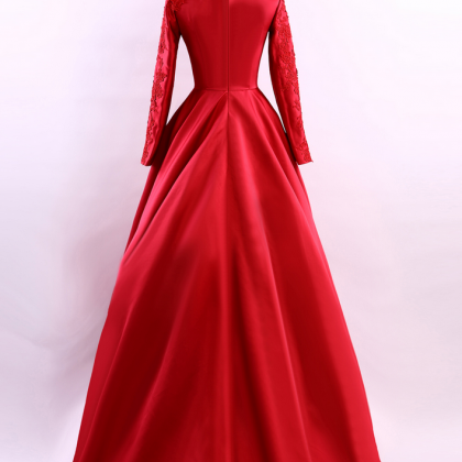 Simple Long Sleeve Red Evening Dresses Long..
