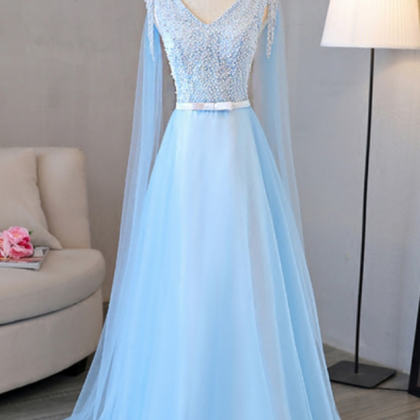 Blue Tulle Long A-line Senior Prom Dress With..
