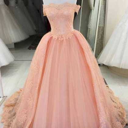 Off The Shoulder Tulle Prom Dresses Lace Appliques..