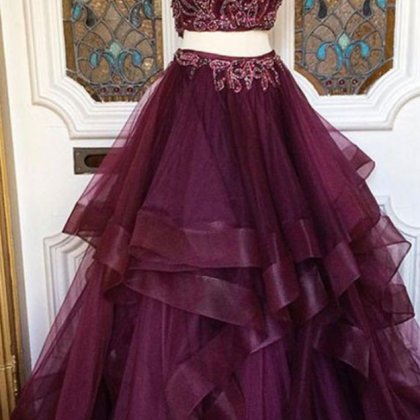 Two Pieces Burgundy Sequin Tulle Prom Dress, Long..
