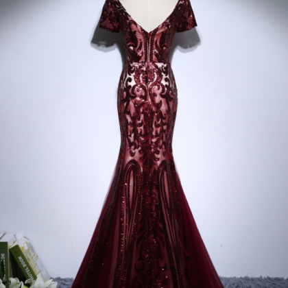 Sexy Burgundy Long Mermaid Evening Dresses Party..