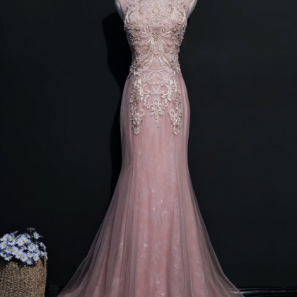 Pink Long Lace Mermaid Evening Dresses Party..