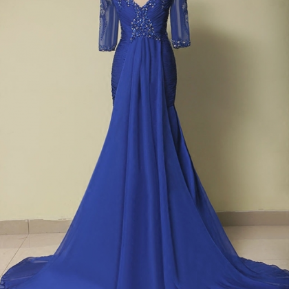 Royal Blue Long Sleeve Mermaid Evening Dresses..