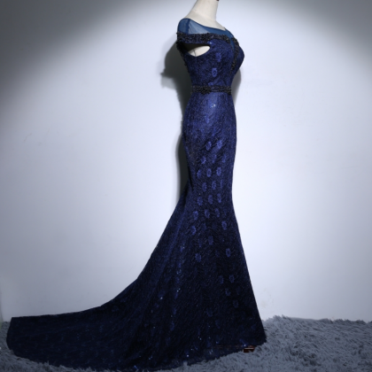 Navy Blue Long Lace Mermaid Evening Dresses Party..