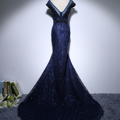 Navy Blue Long Lace Mermaid Evening Dresses Party..