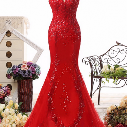 Bling Bling Long Mermaid Sexy Backless Red Prom..