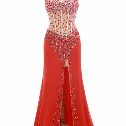 Red Chiffon Vestidos De Noche Beaded Prom Dress..