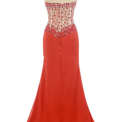 Red Chiffon Vestidos De Noche Beaded Prom Dress..