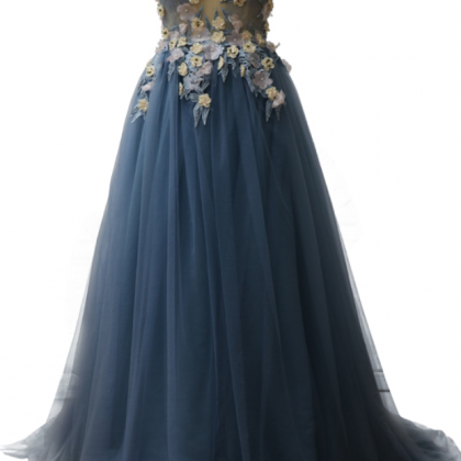 100% Real Photo Blue Long Prom Dresses Sheer Jewel..