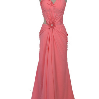 Fashion Pink Chiffon Prom Dresses Pearls Bead Real..