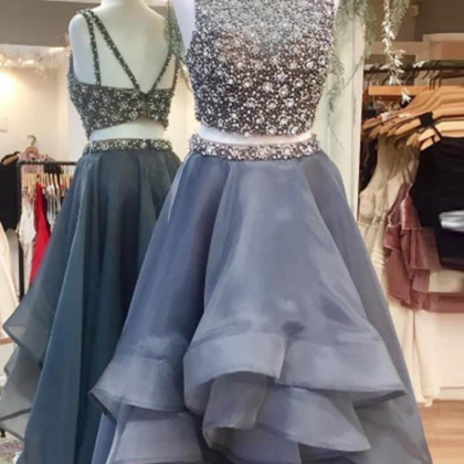 Two Piece Prom Dress, Grey Gowns, Organza Prom..