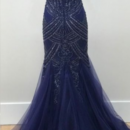 Luxury Navy Blue Sparkling Beads Prom Dresses..