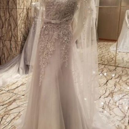 Sweet Gray Lace Beading Long Evening Dress Bridal..
