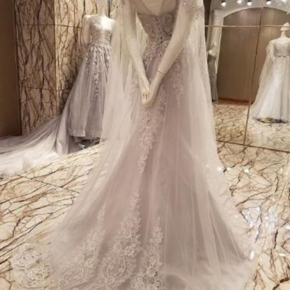 Sweet Gray Lace Beading Long Evening Dress Bridal..