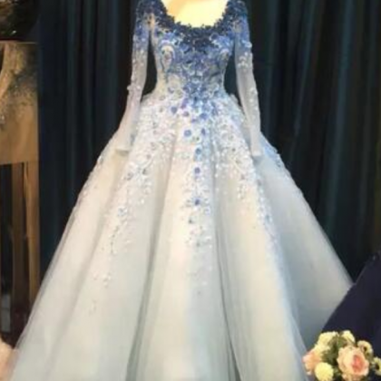 Sky Blue Ball Gown Evening Dress Luxury Beaded 3d..