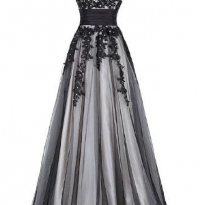 Long Prom Dress Elegant Black Appliques Sleeveless..