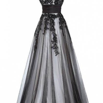 Long Prom Dress Elegant Black Appliques Sleeveless..