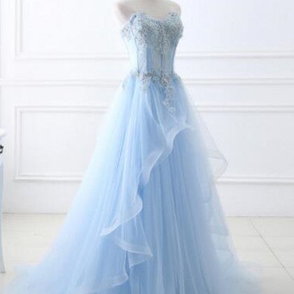 Elegant Light Blue Long Prom Dresses Sleeveless..