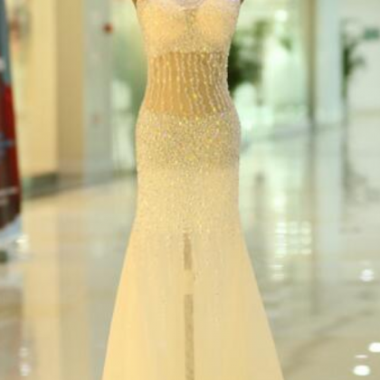 White Scoop Floor Length Mermaid Prom Dresses..