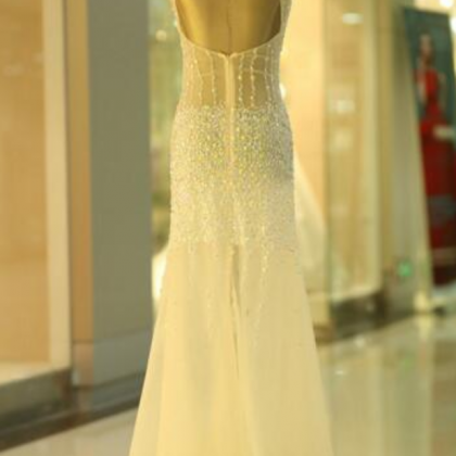 White Scoop Floor Length Mermaid Prom Dresses..