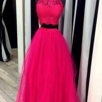 Elegant Prom Dresses Two Pieces Lace Tulle Halter..